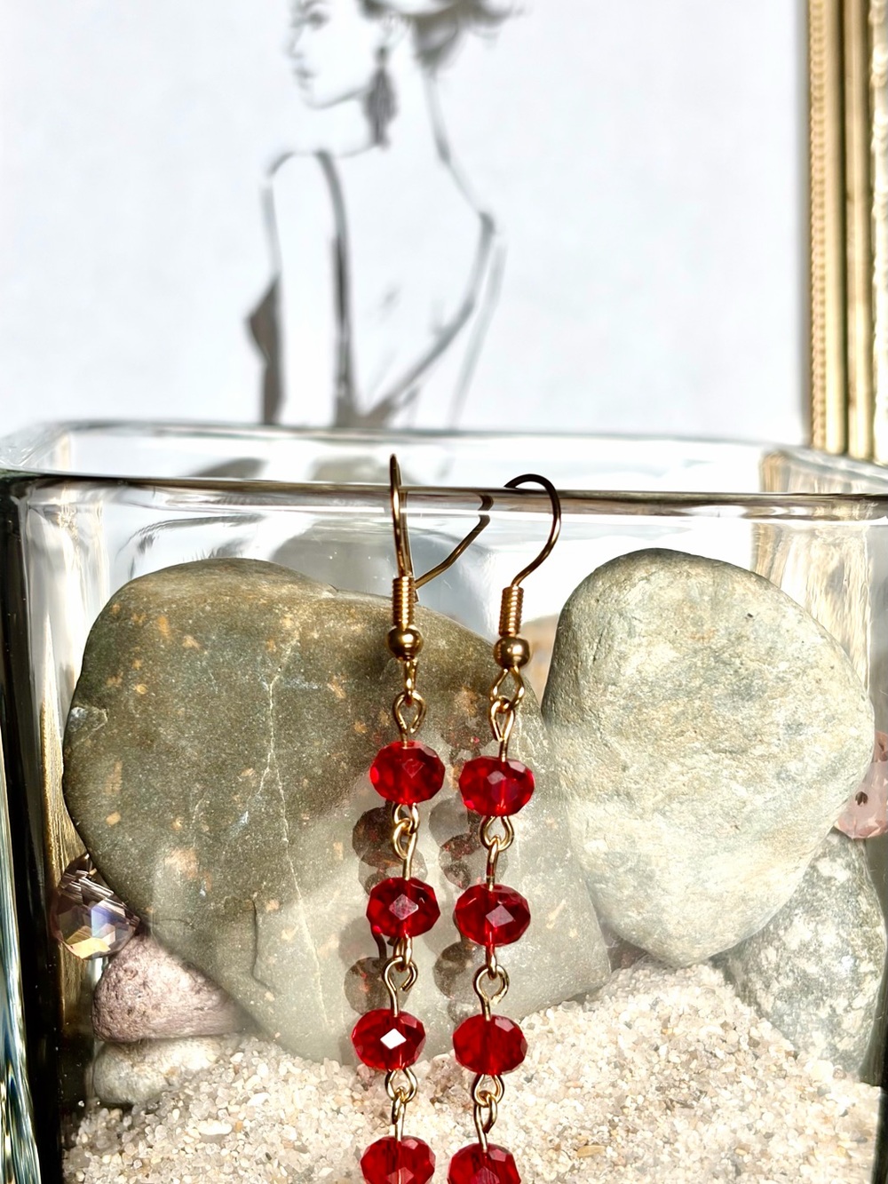 Gold-Tone Red Faceted Bead Dangle Earrings